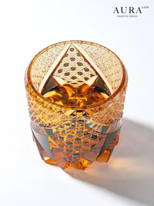 AURA'S Black Samurai Japanese Edo Kiriko handmade glass whiskey cup carved amber cup - Image 3
