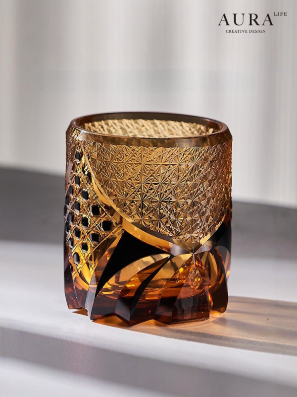AURA'S Black Samurai Japanese Edo Kiriko handmade glass whiskey cup carved amber cup - Image 1