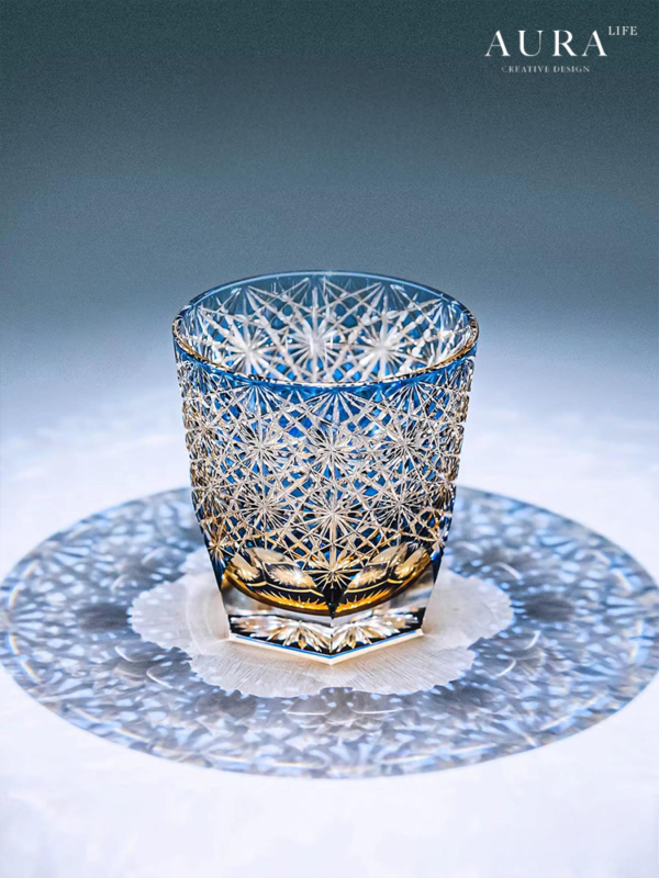 AURA'S Edo Kiriko blue daisy crystal glass high-end hand-carved whiskey glass wine gift cup - Image 2