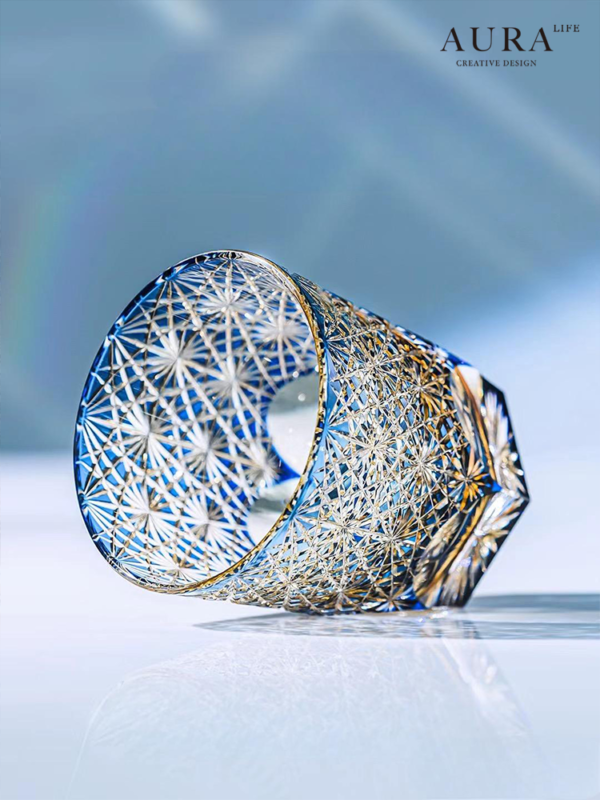 AURA'S Edo Kiriko blue daisy crystal glass high-end hand-carved whiskey glass wine gift cup - Image 5