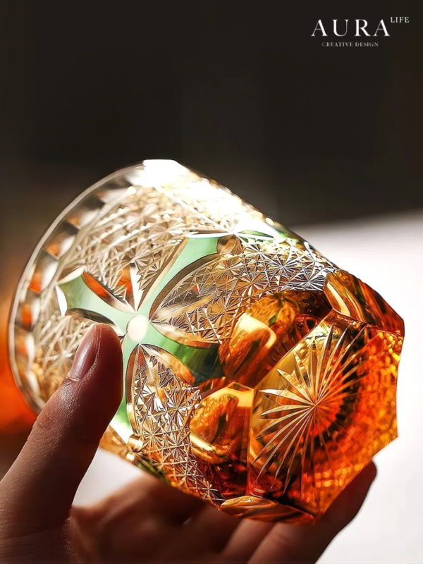 AURA'S niche high-end blue daisy light luxury gold nail hand-carved amber cross whiskey glass - Image 2
