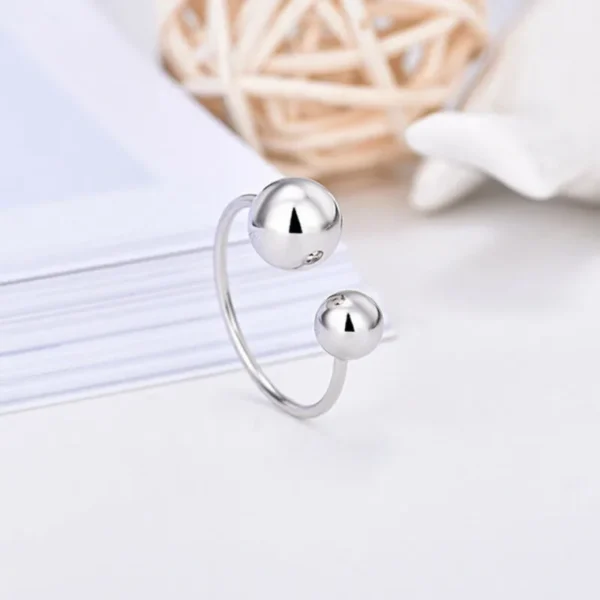 925 Sterling Silver Minimalist Two Beads Ball New Trendy Simple Geometric Open Rings for Women Fashion Vintage Jewelry - Image 2