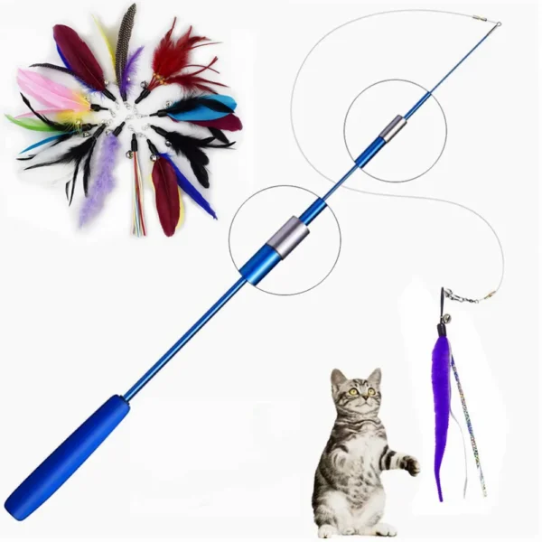 Interactive Cat Feather Toy Feather Teaser Stick Wand Pet Retractable Feather Bell Refill Replacement Catcher Product for Kitten - Image 1