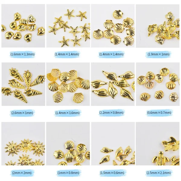 1 Box Gold Ocean Theme Metal Studs Sea Starfish Shell Turtle Slice Flakes 3d Nail Art Decoration In Wheel DIY UV Manicure Tools - Image 2