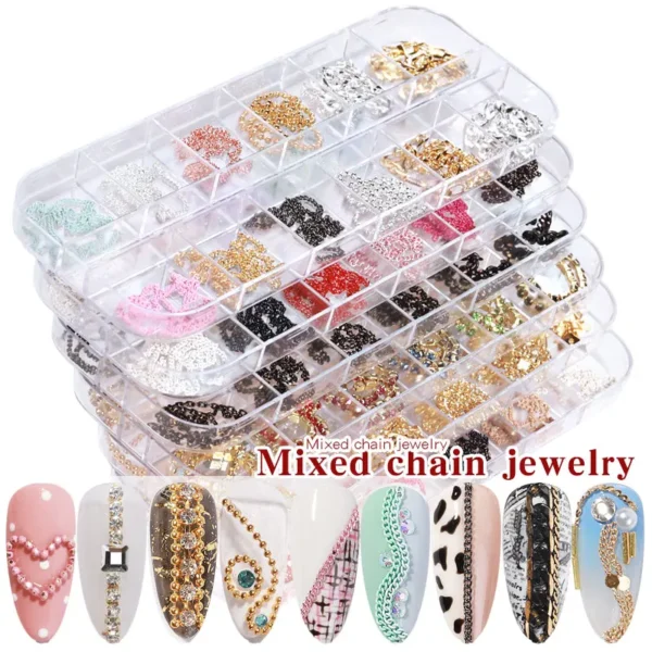 kf-S00586e42b35249229722d22cd00e76f1c Misscheering 12 Grid Mixed Style Nail Chain Jewelry For DIY Art Decoration Fashion Metal Nails Accessories For Manicure Design - Image 1