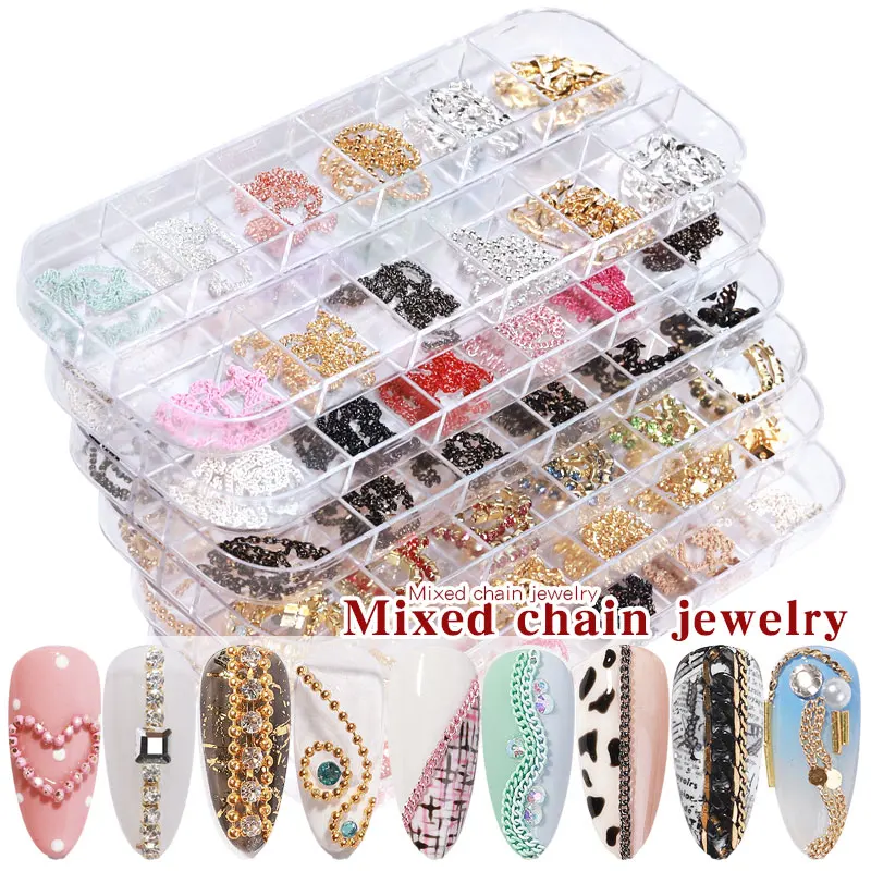 kf-S00586e42b35249229722d22cd00e76f1c Misscheering 12 Grid Mixed Style Nail Chain Jewelry For DIY Art Decoration Fashion Metal Nails Accessories For Manicure Design - Image 1