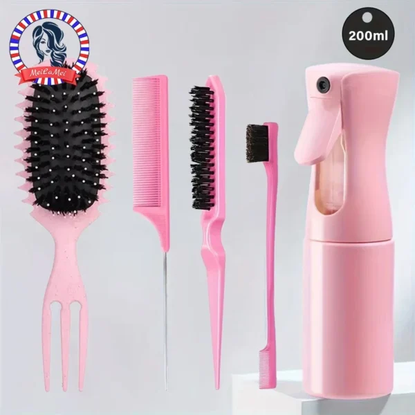 5-pcs Detangling Styling Set: Spray Bottle 3-in-1 Roll Hair Comb Curved Rat Tail Comb Edge Control Brush Salon Hairdressing Tool - Image 7