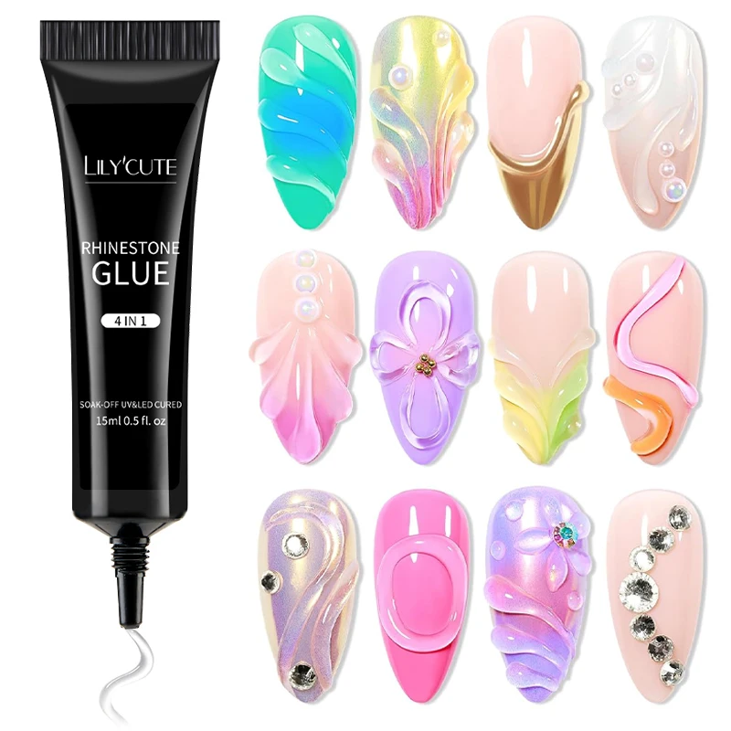 kf-S07f045eaa99d493d964bbc076d5fee0c4 LILYUCUTE 4 IN 1 Nail Rhinestone Gel for DIY 3D Shaping Manicure Super Adhesive NO Wipe Nail Gel for Powder Solid Jewelry Gel - Image 1
