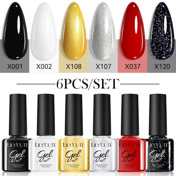 LILYCUE 6Pcs/Set Red Nude Glitter Gel Nail Polish Gorgeous Full Coverage Soak Off UV Gel Nail Art Base Top Coat Gel Polish Kits - Image 2