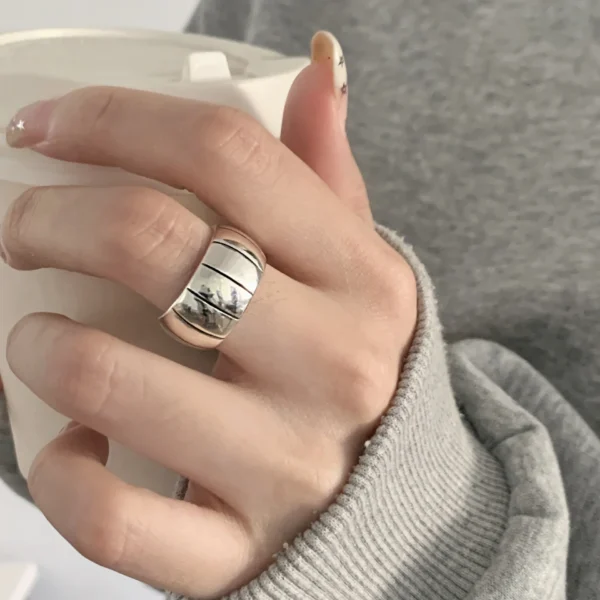 925 Sterling Silver Rings For Women Geometric Fine Jewelry Finger Adjustable Retro Strip Ring For Party Birthday Gift - Image 6