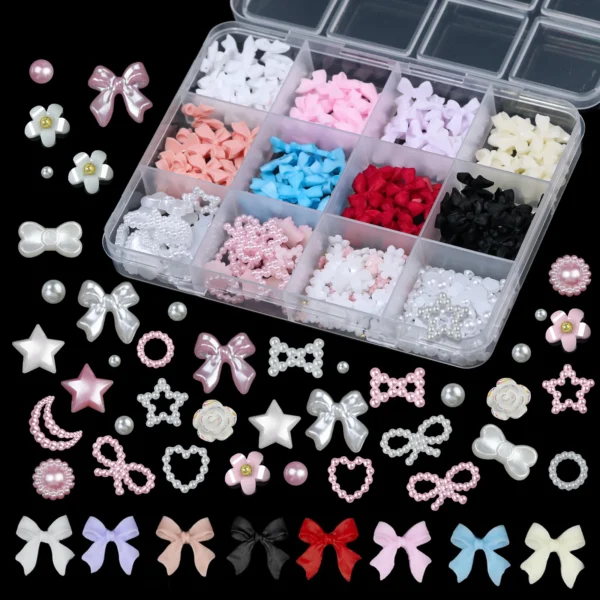 12 Grid Mixed 3D Color Resin Bow Pearl Heart Flat Back Diamond Nail Art Decoration Suitable for Acrylic Nails DIY Nail Art - Image 6