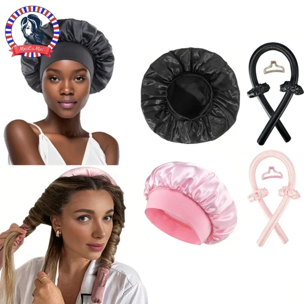 No Heat Hair Curler And Satin Sleeping Cap Set Heatless Hair Curling Headband Hair Claw Clip Hair Rings Soft Sleeping Hat Salon - Image 1