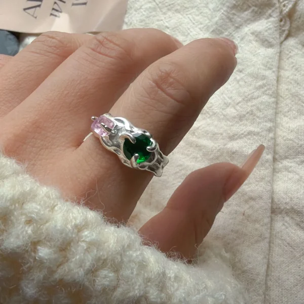 925 Sterling Silver Rings for Women Couple Minimalist Handmade Simple Pink Green Stone Ring Fine Jewelry Gift Prevent Allergy - Image 3