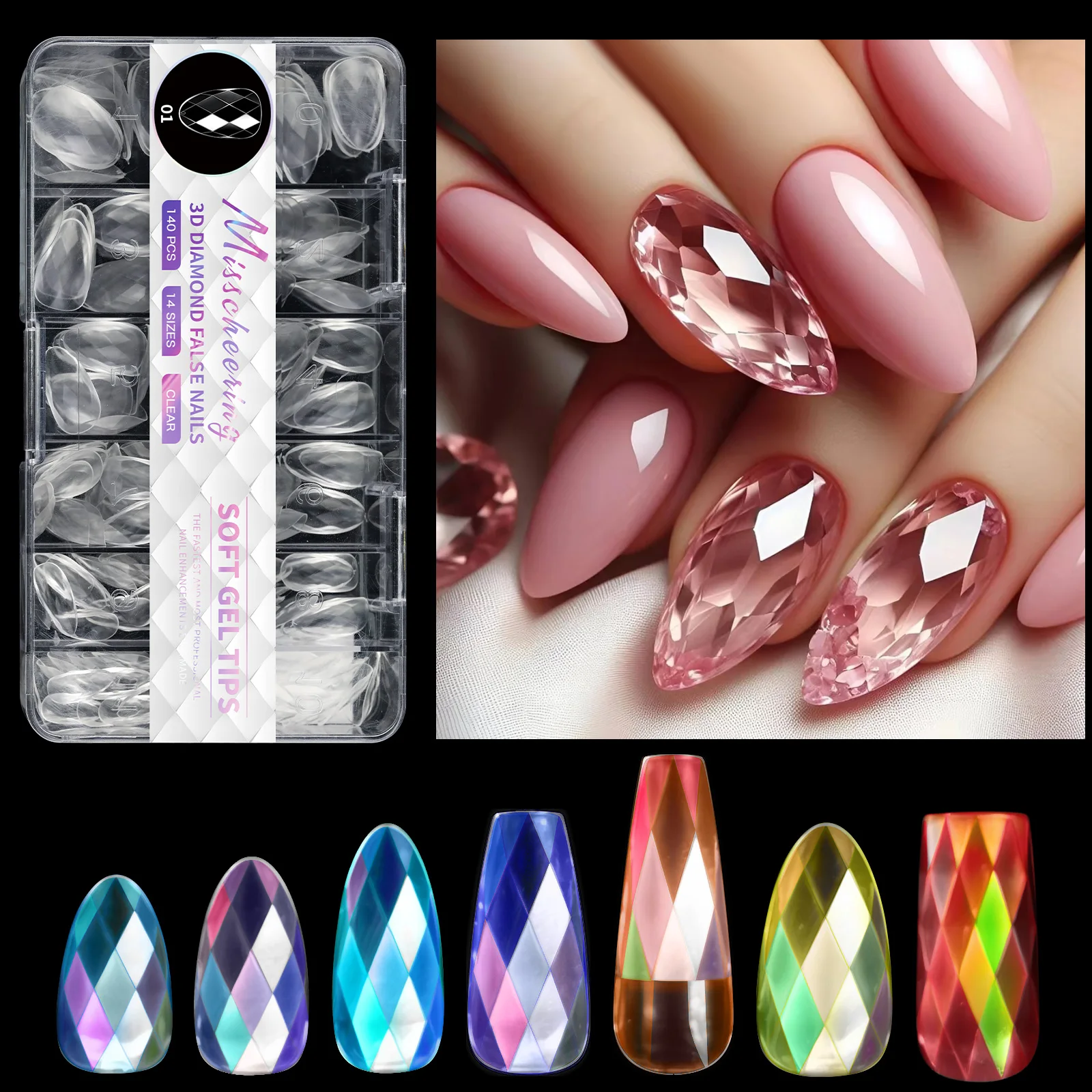 kf-S320bcc03e4144a05b1c9fef070e061ecs 3D Diamond Gel False Nail Tips Almond Nail Ballet False Nails Acrylic Full Cover Press on Nails Manicure Extension Tools - Image 1