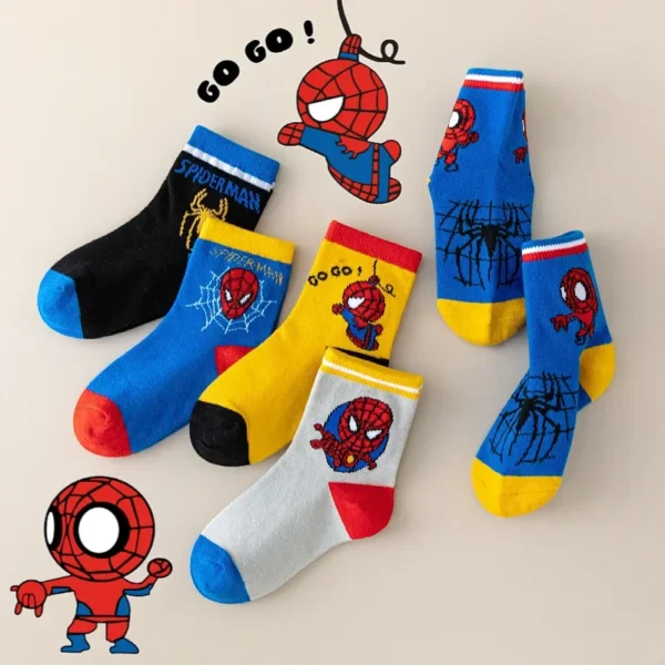 kf-S3261d69532e7426ca6ee0fd961e26691i 5 Pairs MARVEL Spiderman Children's Socks Kawaii Soft Anime Socks Kids Boys Socks MiddleTube Cartoon Baby Socks 1-12 Y - Image 1