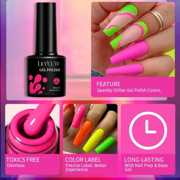 LILYCUTE 7ML Neon Series Gel Nail Polish Summer Color Nail Art Manicure Semi Permanent UV Gel Soak Off UV LED Nail Gel Varnishes - Image 4