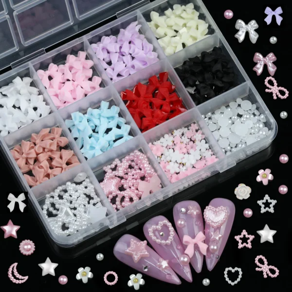 12 Grid Mixed 3D Color Resin Bow Pearl Heart Flat Back Diamond Nail Art Decoration Suitable for Acrylic Nails DIY Nail Art - Image 5
