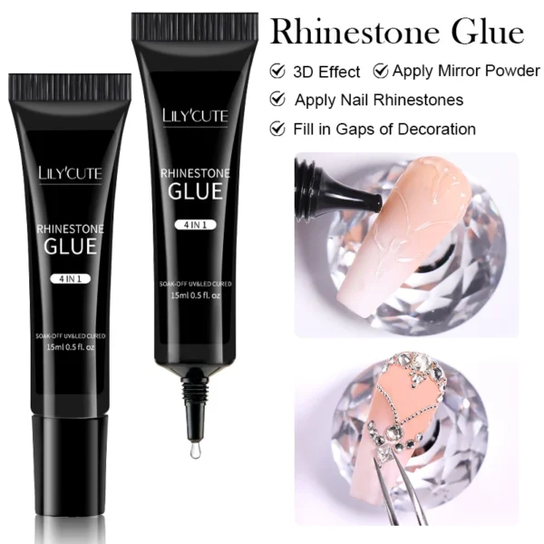 LILYUCUTE 4 IN 1 Nail Rhinestone Gel for DIY 3D Shaping Manicure Super Adhesive NO Wipe Nail Gel for Powder Solid Jewelry Gel - Image 3
