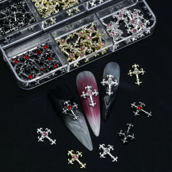 3d cross nail art zircon embedded retro alloy rhinestones Y2K gothic punk metal style nail accessories DIY charm nail decoration - Image 3