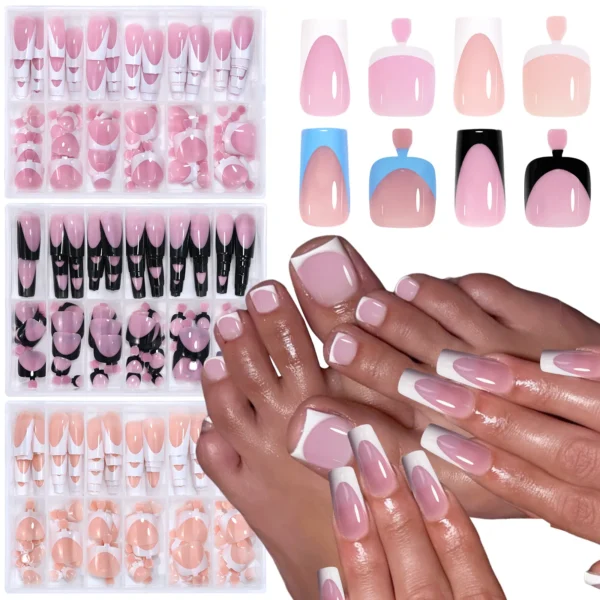 144pcs French hand and foot wear nail set summer short square shiny false toenail acrylic full coverage suitable for nail salon - Image 7