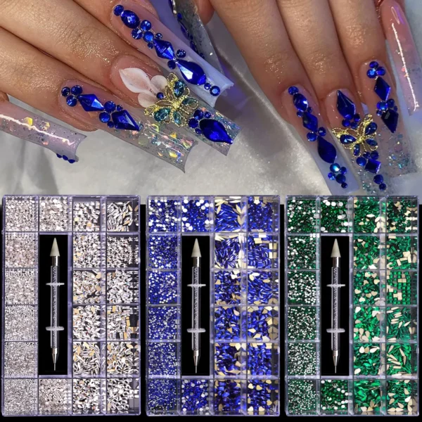 Mixed white Blue green Glass Crystal Diamond Flat Rhinestone Nail Art Decoration 21 Grid Box Nails Accessories Set With 1 Pick U - Image 7