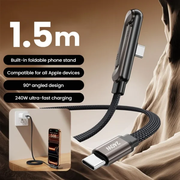 kf-S408ba6ebae57422cbe9f91364850b072X 240W 2 in 1 USB C to USB C Fast Charging Foldable Bracket Data Cable Type C Desktop Holder Charging Wire For Iphone17 16 Samsung - Image 1