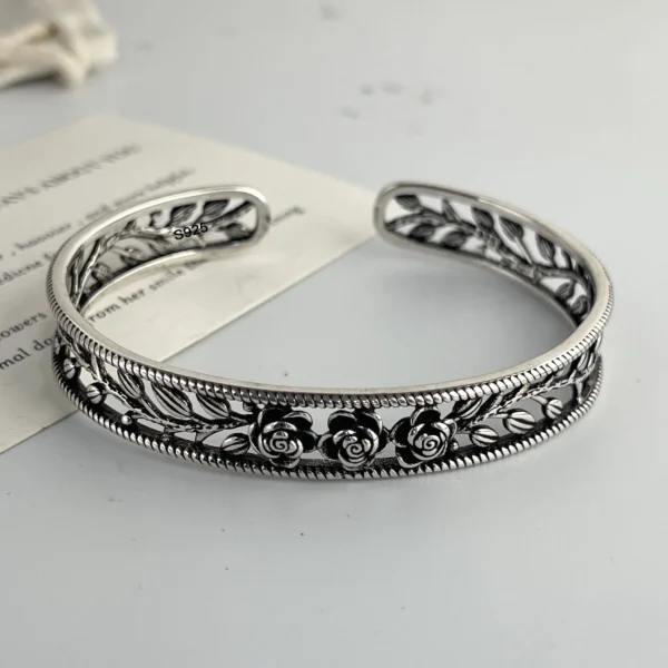 100% Solid 925 Sterling Silver Metal Bracelet for Women Vintage Handmade Simple Retro Flower Chain Bracelet Birthday Gift Party - Image 6