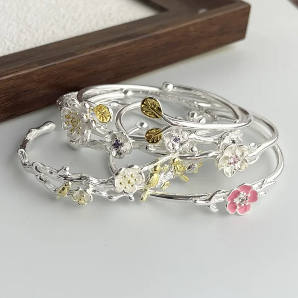 100% Solid 925 Sterling Silver Metal Bracelet for Women FLower Handmade Simple Wide Heart Chain Bracelet Birthday Gift Party - Image 2