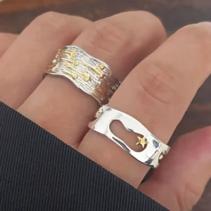 925 Sterling Silver Rings For Women Men Fine Jewelry Finger Adjustable Open Gold Star Ring For Party Birthday Gift