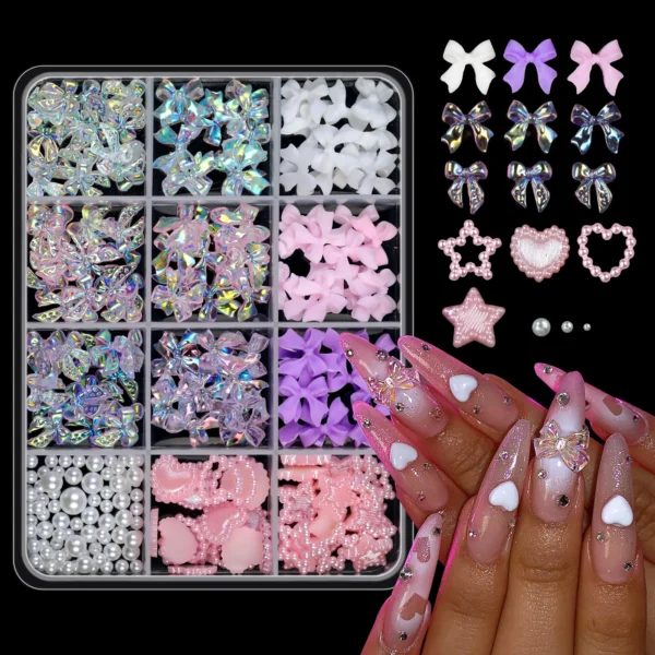 12 Grid Mixed 3D Color Resin Bow Pearl Heart Flat Back Diamond Nail Art Decoration Suitable for Acrylic Nails DIY Nail Art - Image 4