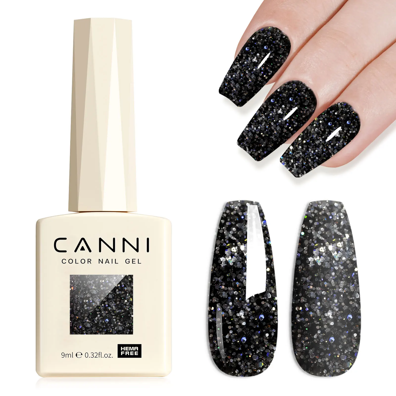 kf-S55443bc964d9463191c6be53bfbe367at CANNI HEMA FREE Gel Nail Polish Black Glitter Diamond Sparkle Gorgeous Color Long Lasting Soak Off UV LED Gel Lacquer Super Top - Image 1