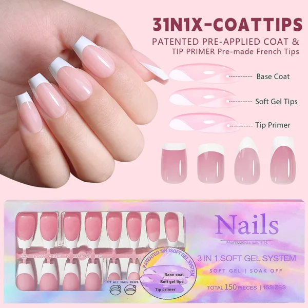 150pcs/set Charming French Ballet Wearable Fake Nail Tips Press On Nail Seamless Removable Wearing Reusable Full Cover Nail Tips - Image 1
