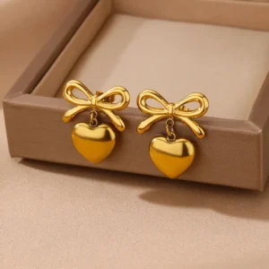 Cute Bow Heart Earrings for Women Stainless Steel Gold Color Heart Stud Earrings 2024 Trend Piercing Jewelry Wedding Party Gift