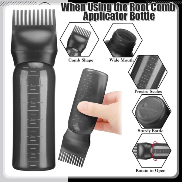 Hair Oil Application Bottle, with 3 Pointed Mouth Caps and 6 Ounces Hair Dye Bottle Root Comb, Suitable for Scalp (black&white) - Image 3