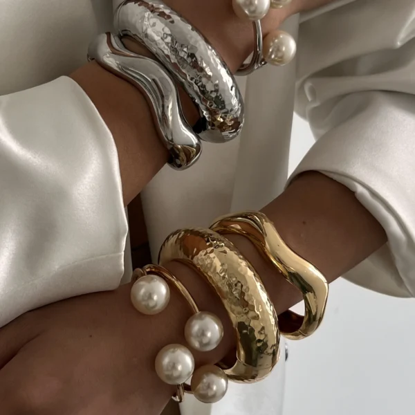 Ingemark 3 Style Creative Big Imitation Pearl Cuff Bracelet Women Trend 2025 Punk Heavy Metal Chunky Spring Bangle Steampunk Men - Image 2