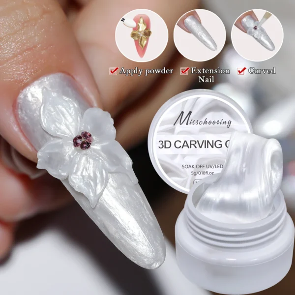 White pearlescent satin carving glue non-stick solid extension glue 3D carving flower acrylic gel varnish DIY nail art design - Image 2