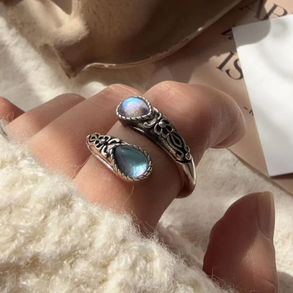 925 Sterling Silver Rings For Women Geometric Fine Jewelry Finger Adjustable Vintage BLue Stone Ring For Party Birthday Gift - Image 4