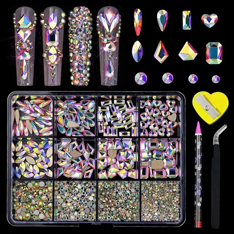 kf-S740ff6fa31b64723b002122627877228p 12Grid Multi-Shaps Rhinestones AB Flat Bottom Colorful Diamond Gems For Nail Art Decoration With Tweezer Drill Pen Manicure Tool - Image 1