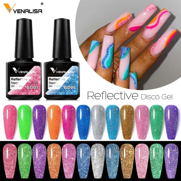 Venalisa Reflective Glitter Nail Gel Polish Neon Color Full Coverage Pigment Nail Art Manicure Soak Off Enamel UV Gel Varnish - Image 2