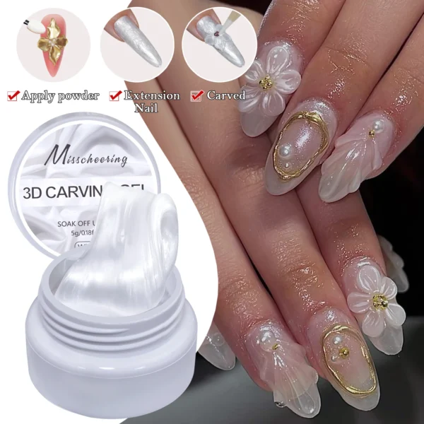 White pearlescent satin carving glue non-stick solid extension glue 3D carving flower acrylic gel varnish DIY nail art design - Image 7