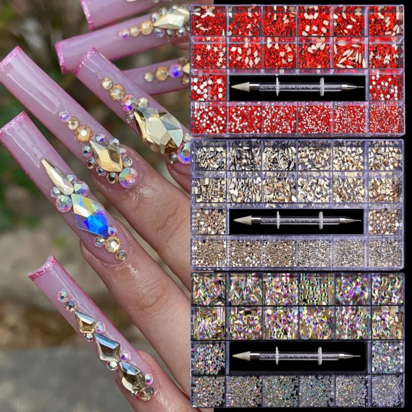 red champagne Glass Crystal Diamond Flat Rhinestone Nail Art Decoration 21 Grid Box Nails Accessories Set With 1 Pick Up Pen - Image 7