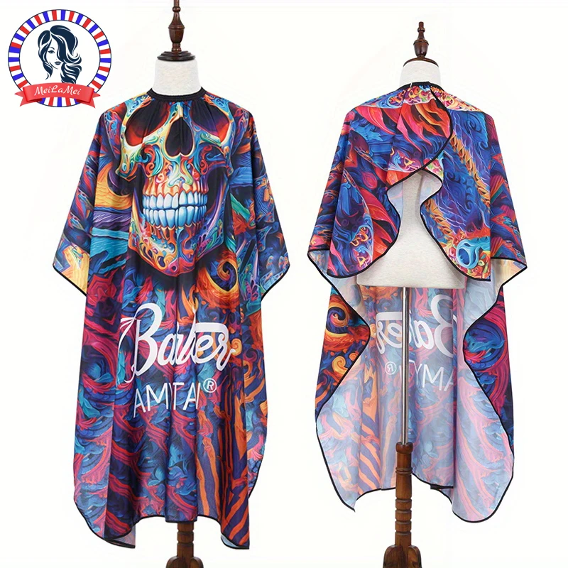 kf-S8d44d2f560864139b8e0d7384479831dY Skull Print Design – Vibrant Mexican Skull Print Salon Barber Cloth Adjustable Snap Closure Haircut Apron for Hair Styling - Image 1