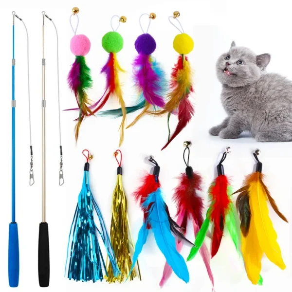 Three-section Fishing Rod Tassel Hair Ball Funny Cat 12-piece Set of Color Feather Replacement Head Cat Toys Interactive - Image 5