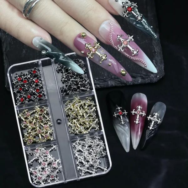 3d cross nail art zircon embedded retro alloy rhinestones Y2K gothic punk metal style nail accessories DIY charm nail decoration - Image 2