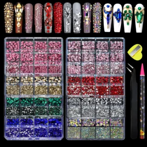 12 Grid Diamond Jewelry Set for Nail Art Decorations Nail Ab Flat Bottom Drill Nail Art Luxe Nail Shaped Diamond Illusion Color