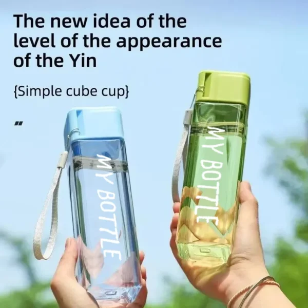 1 Pcs Clear Square Drinking Glass in Mate Plastic Portable Water Bottle with Milk Cable for Outdoor Sports - Image 3