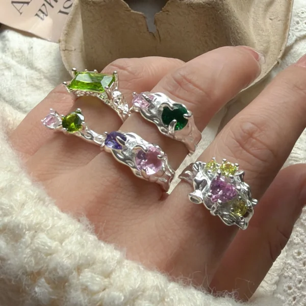 925 Sterling Silver Rings for Women Couple Minimalist Handmade Simple Pink Green Stone Ring Fine Jewelry Gift Prevent Allergy - Image 5