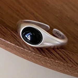 925 Sterling Silver Rings for Women Couple Minimalist Handmade Simple Black Stone Ring Fine Jewelry Gift Prevent Allergy