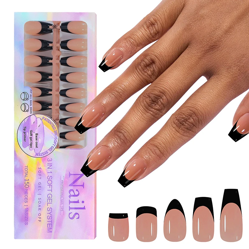 kf-S9ef414b8621d4f219ed93c7ba12f06a3c 150pcs/Boxed French Gel Tips Press On Nails Black Coffee Almond Nails 15 Sizes Pre-applied Fake Nails For Manicure Extension - Image 1