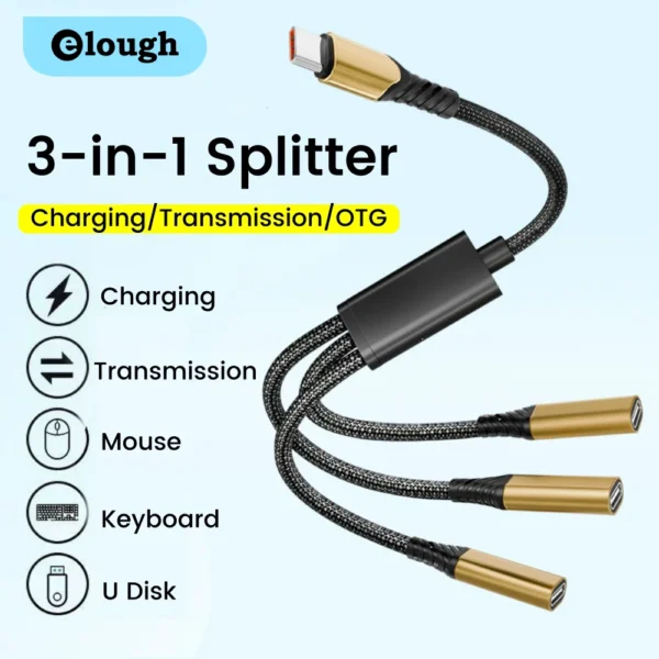 Elough 3 in 1 USB Type C 3.0 to 3 USB C Fast Charging Data Transfer HUB Splitter OTG Converter Laptop Multifunctional Adapter - Image 1